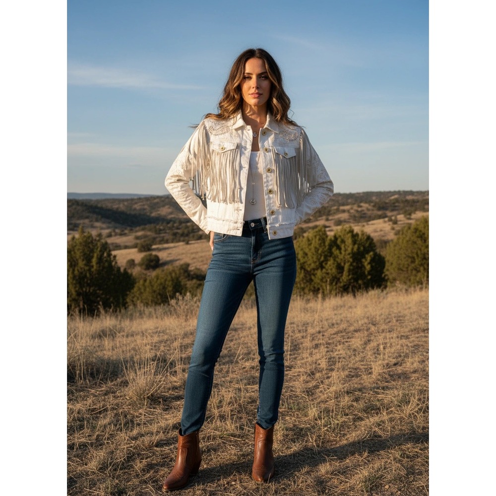 NEW-Scully Honey Creek Western Fringe Jacket Embroidered White Denim Womens XS